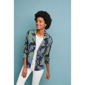 Anthropologie Moth Jacket Blue Yellow Floral Printed Chenille Button Size XXS
